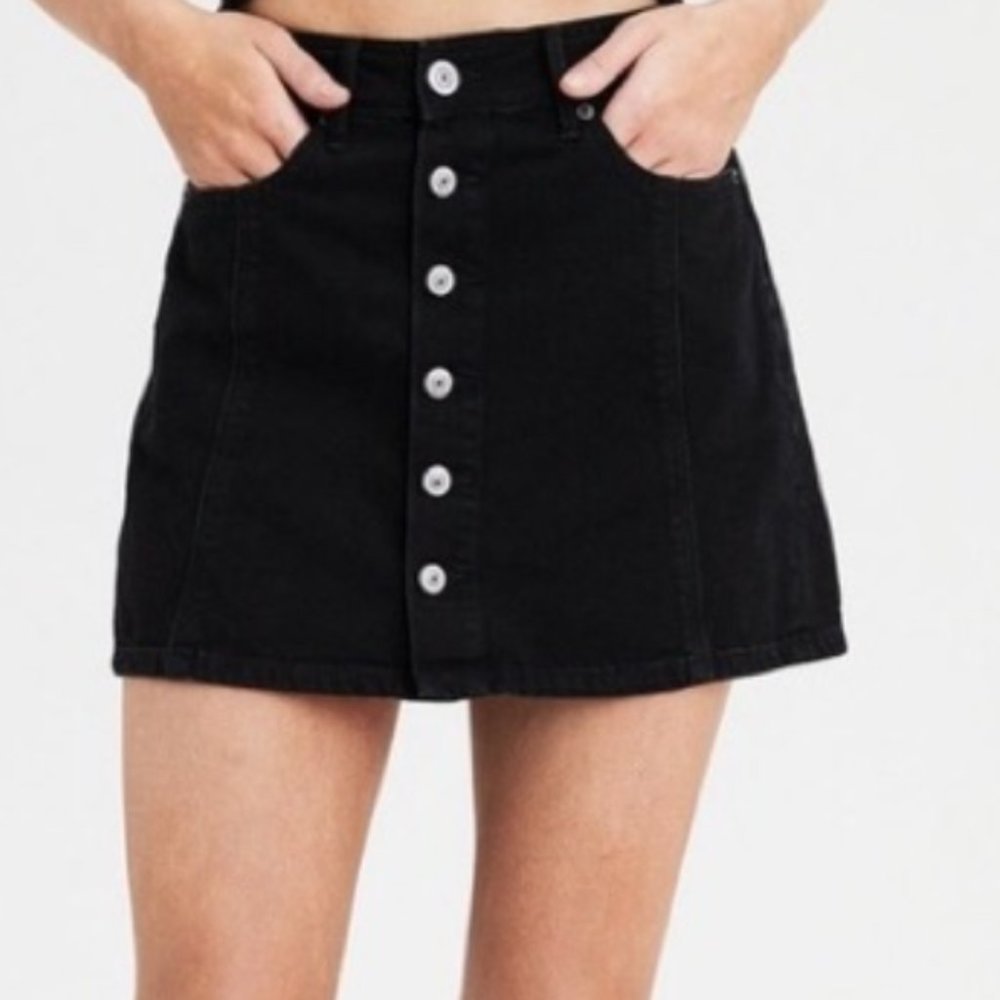 AE Black Jean Denim High Rise A-line Mini Skirt Size 0 Button Front